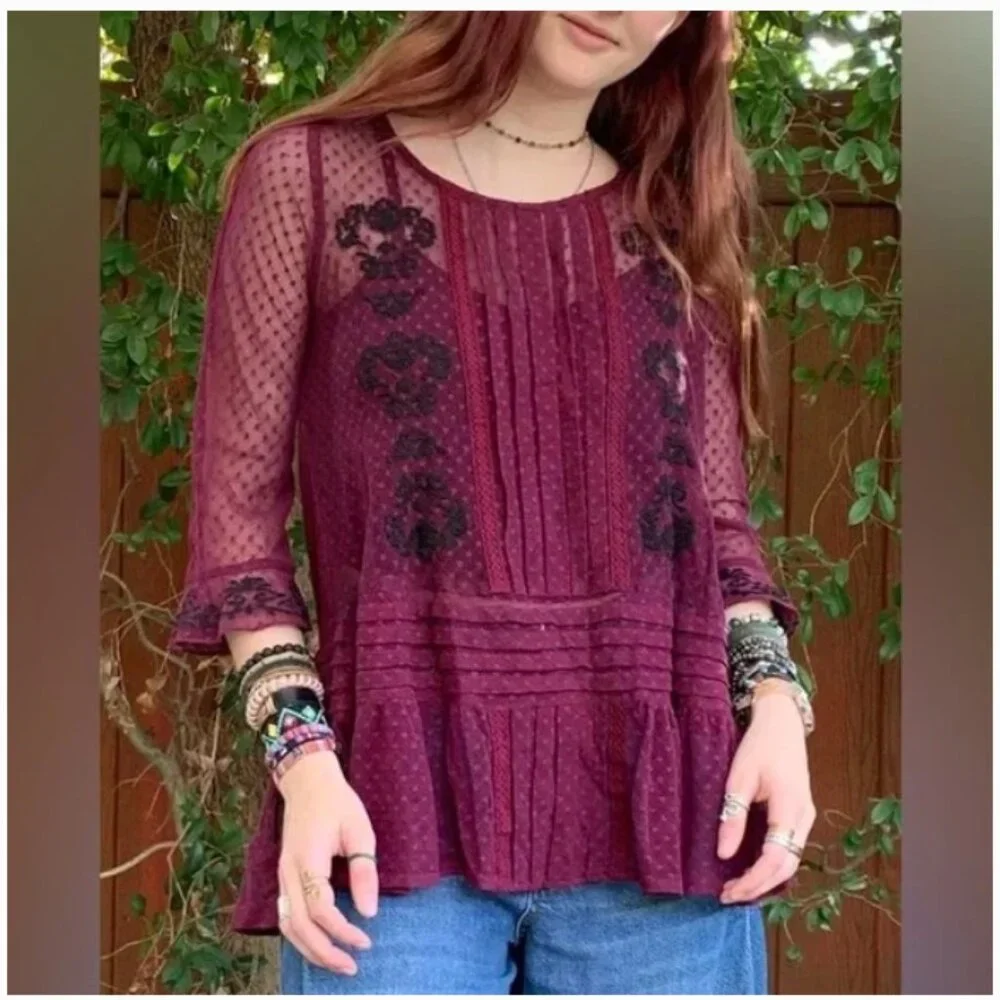 Free People jocelyn burgundy swiss dot lace mesh long sleeve top - Picture 3 of 11
